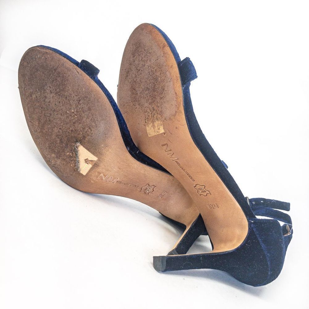 Neiman Marcus Blue Velvet Strappy Stiletto Sandals Heels Sz 8.5M - Picture 7 of 10